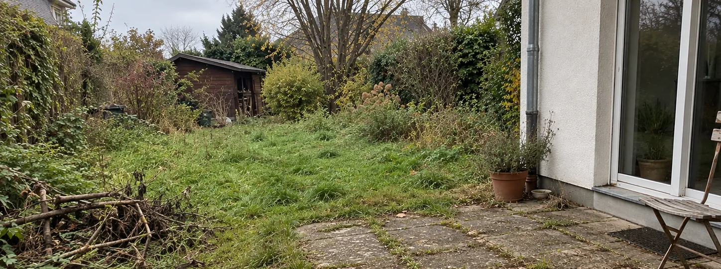 Verwilderter Garten wird gepflegt, vorher